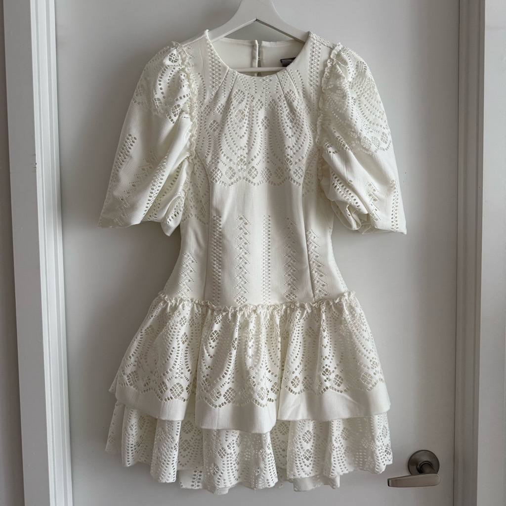 Asos White Eyelet Lace Mini Dress Open Back Puff Sleeve Bridal Cottagecore